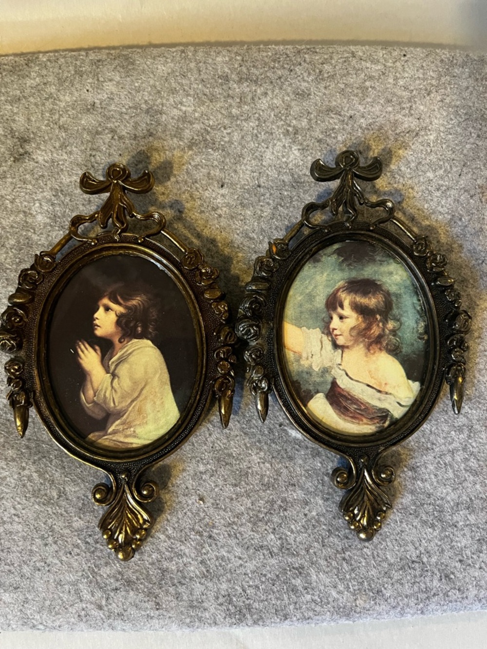 Antique Italian Cast Metal Ornate 6” Framed Young Girl Print (2) Made In Italy
